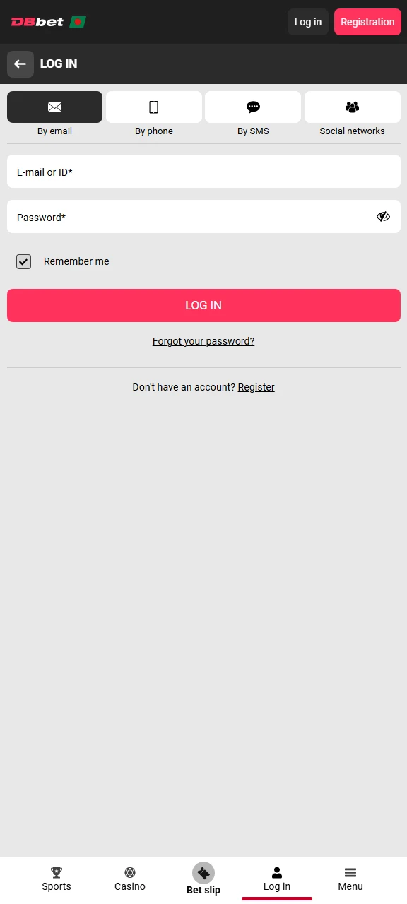dbbet app interface mobile login