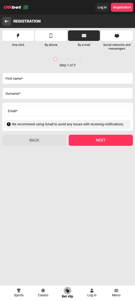 dbbet app interface mobile registration