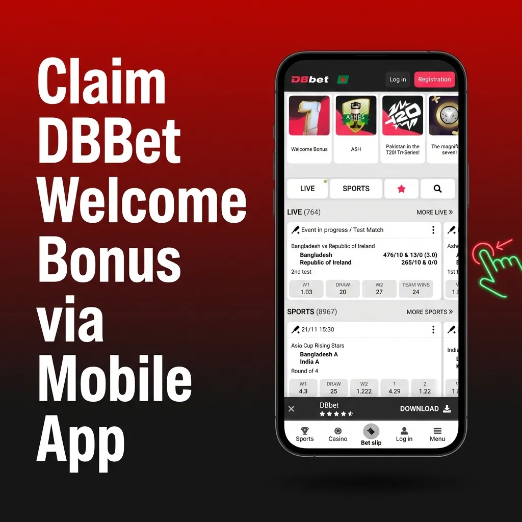Person using DBBet mobile app to register, deposit, and claim a welcome bonus on their smartphone
