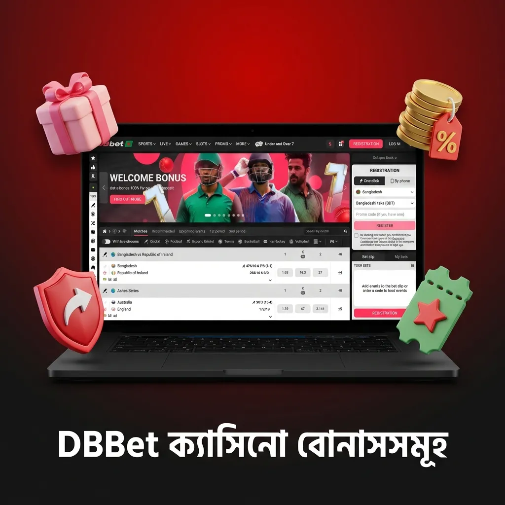 বাংলায় স্বাগতম বোনাস ব্যানার, পাশে টেবিলে ক্যাসিনো, ফ্রি স্পিন ও স্পোর্টস বোনাসের শর্ত দেখানো