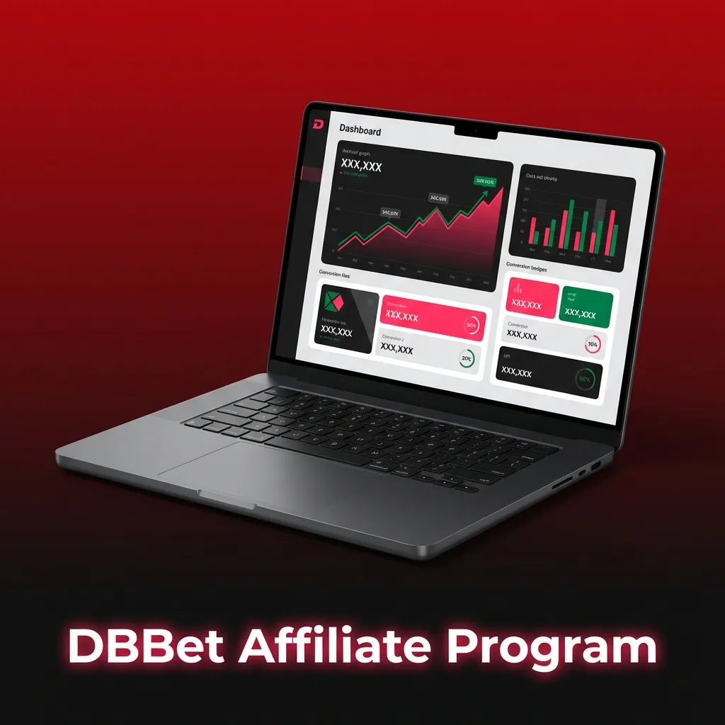 DBBet Affiliate Program banner showing commission earnings, tracking tools, and marketing icons for betting partners