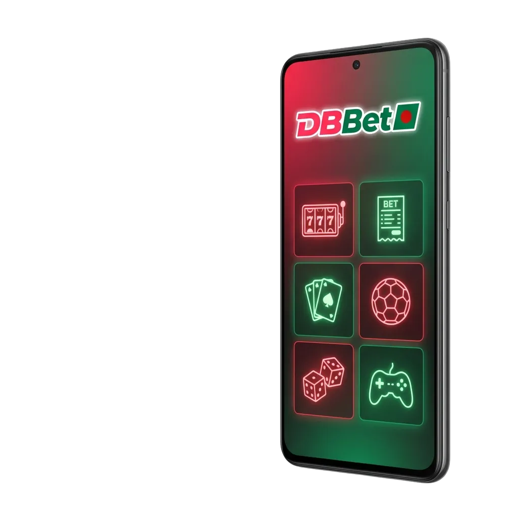 Smartphone screen showing the DBBet Android app for sports betting and casino games in Bangladesh