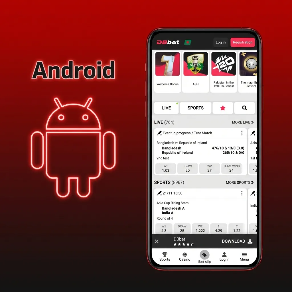 Smartphone screen showing DBBet Android app install steps and betting interface for users in Bangladesh