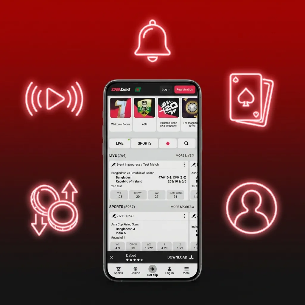 Smartphone showing DBBet app screens for live betting, casino games, deposits, withdrawals, and user notifications