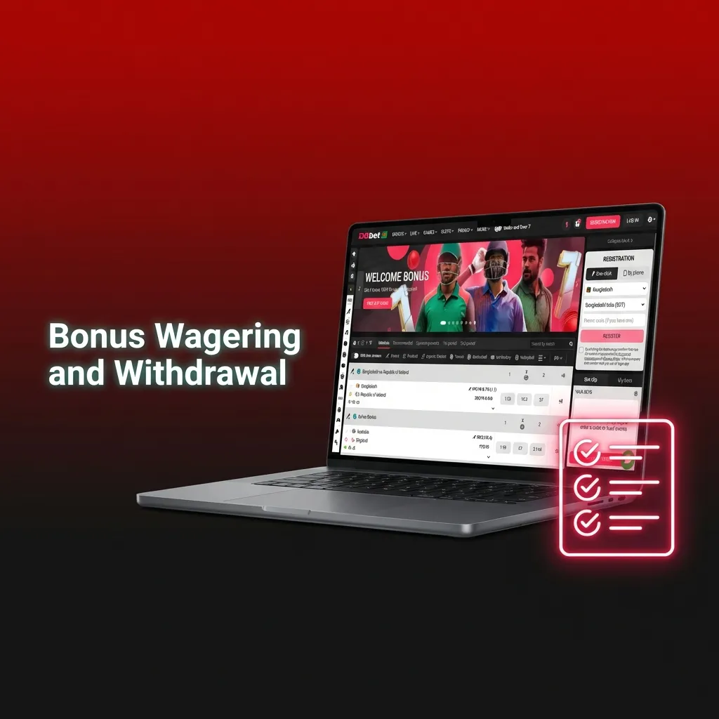 Infographic explaining DBBet bonus wagering rules, bet multiples, game contribution rates, and withdrawal conditions