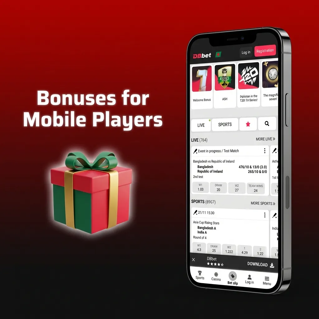 Smartphone showing DBBet app bonuses for Bangladeshi mobile users, highlighting welcome, deposit, and free bet offers