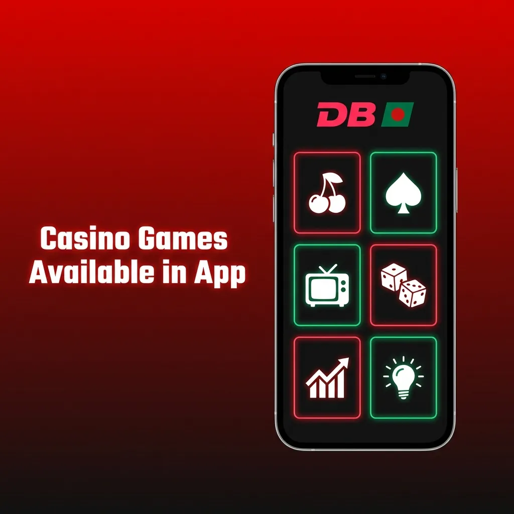 DBBet iOS casino app screen showing slots, live dealer tables, desi card games, and filters for game type and provider