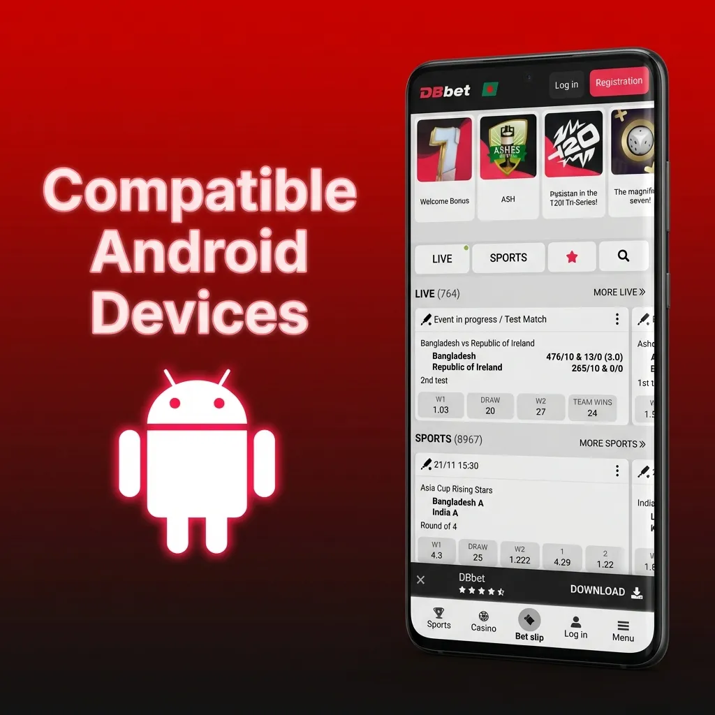 Graphic listing compatible Android phones for the DBBet app, including Xiaomi, Samsung, Realme, Infinix, and Oppo models
