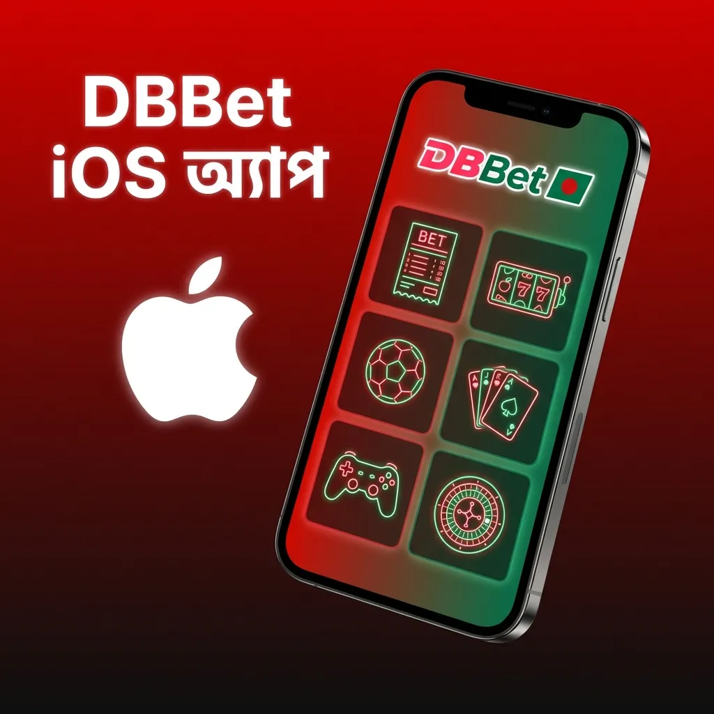 iPhone স্ক্রিনে DBBet iOS অ্যাপ, যেখানে স্পোর্টস বেটিং, স্লট ও লাইভ ক্যাসিনো অপশনগুলো দেখা যাচ্ছে