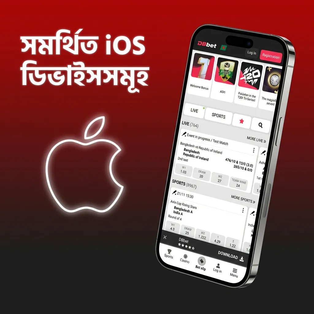 Illustration listing supported Apple iPhone, iPad, and iPod touch models for running the DBBet iOS app