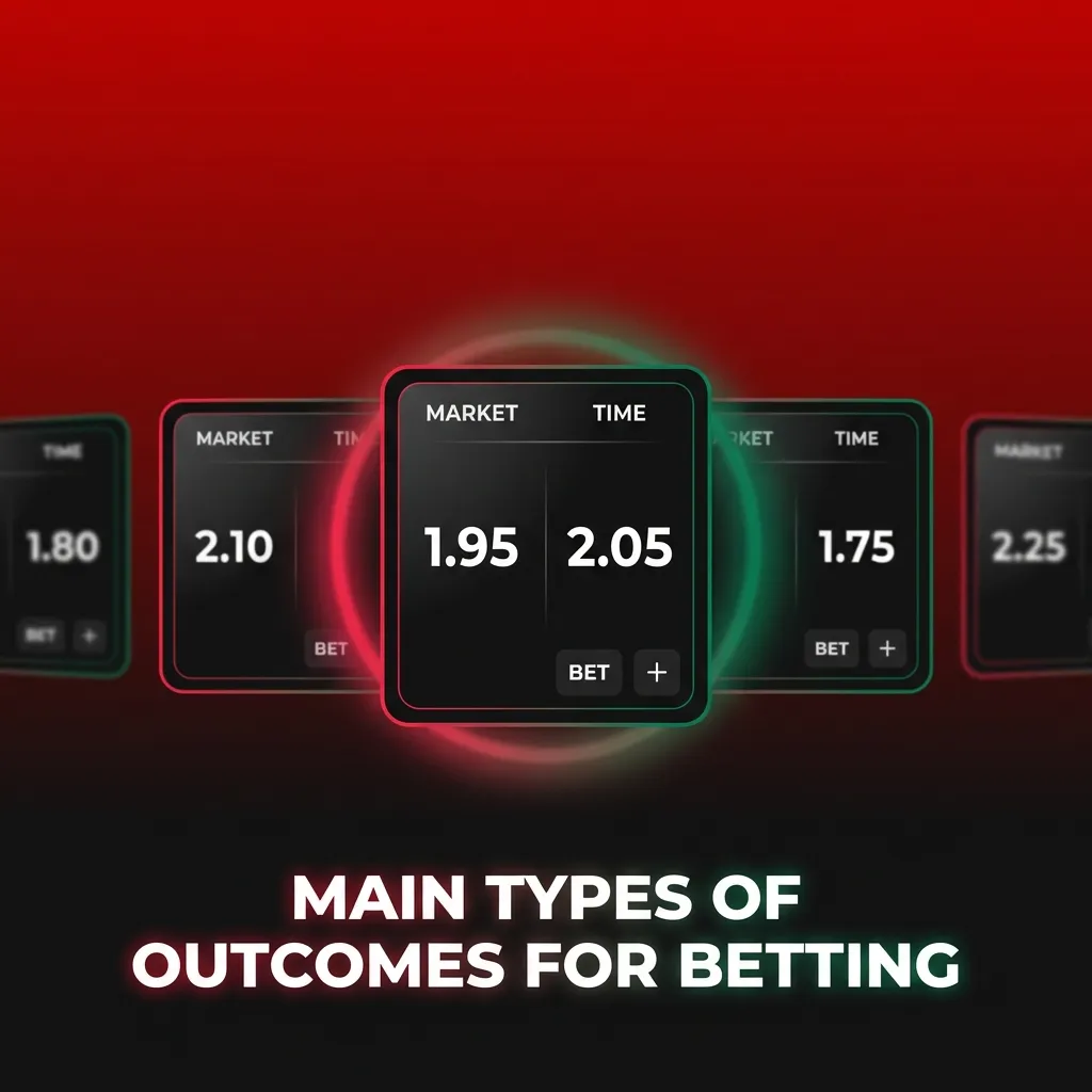 Infographic showing main betting outcomes: Match Result 1X2, Double Chance, Handicap, Totals Over/Under, and Player/Team Specials