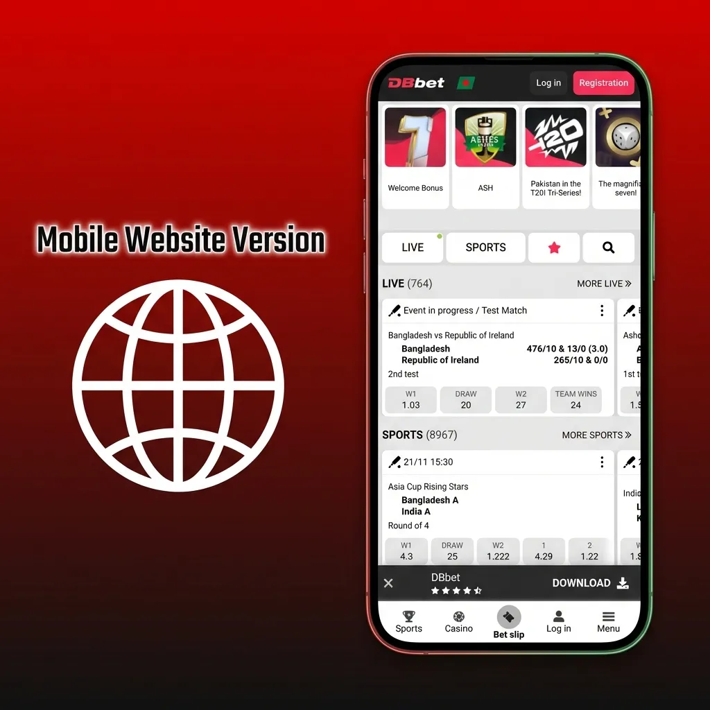 Smartphone screen showing DBBet mobile site with betting, casino and live games, optimised for Android and iOS users in Bangladesh