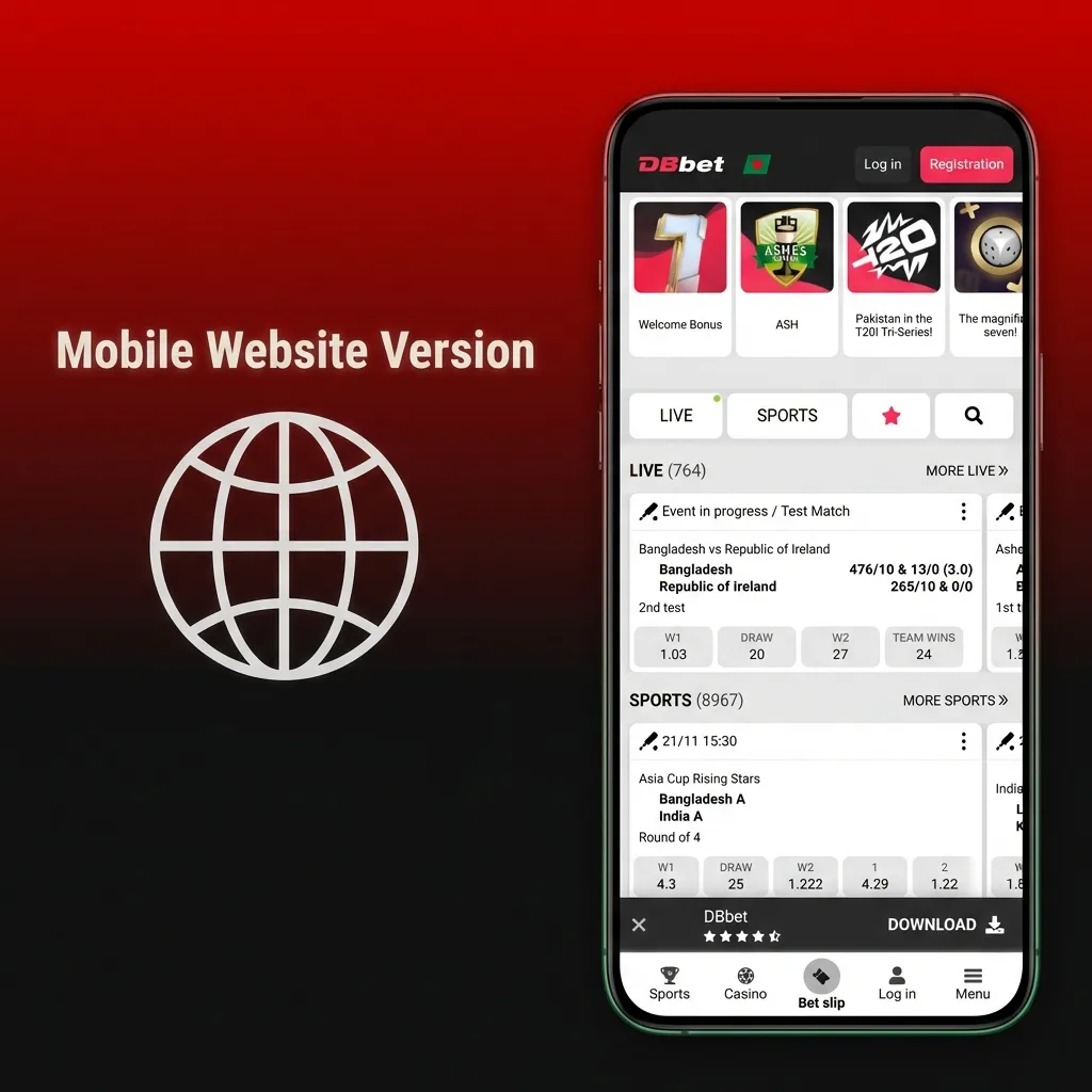 Bangladeshi user browsing DBBet mobile website with betting, casino, and account options on a smartphone screen