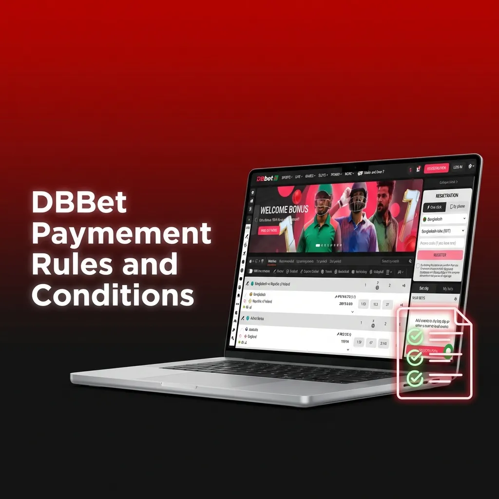 DBBet payment rules screen showing account name match, verification, same method, bonus wagering, and BDT limits.