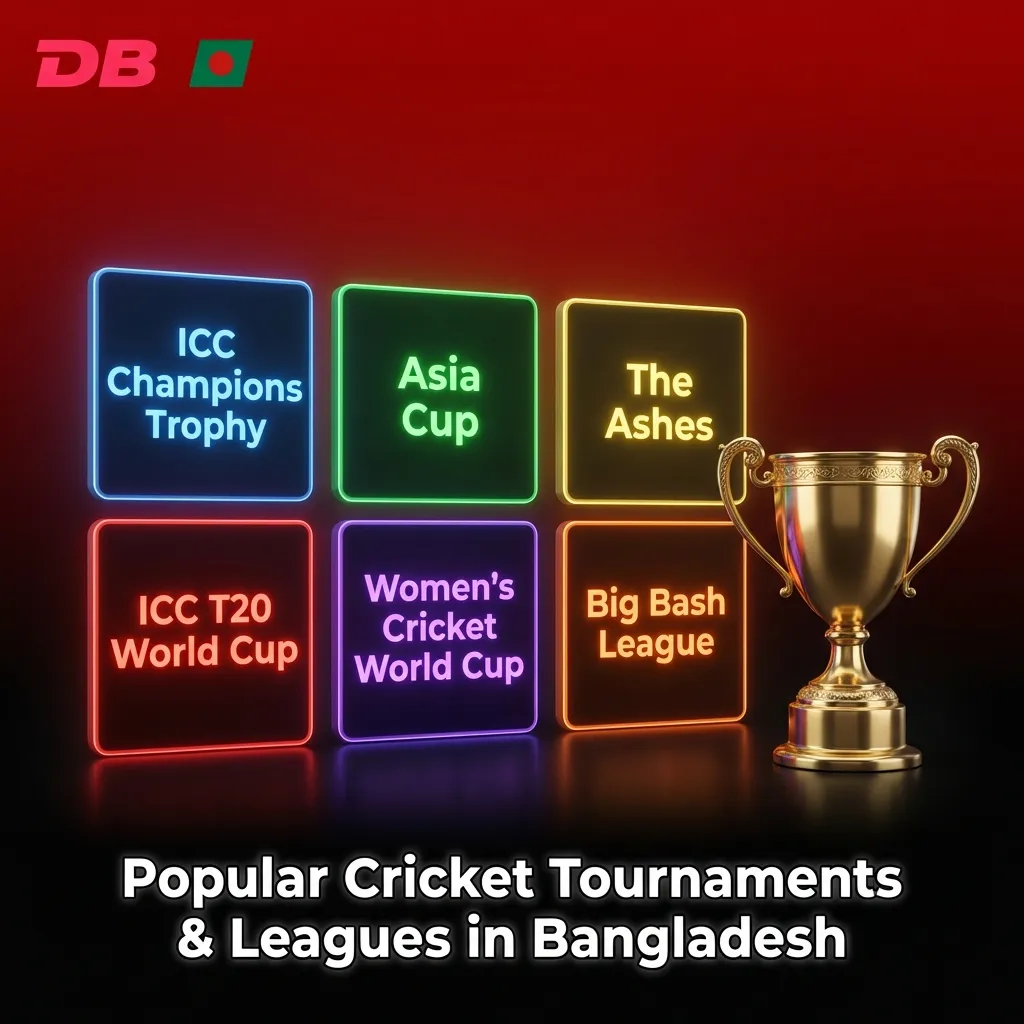 Graphic listing popular Bangladesh cricket tournaments and leagues with DBBet betting options and live markets