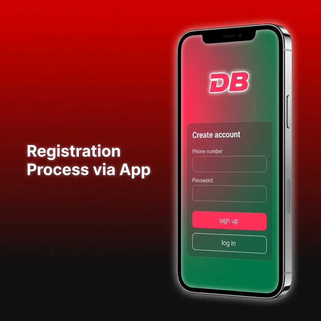 Smartphone screen showing DBBet app registration steps for creating and verifying a real-money betting account