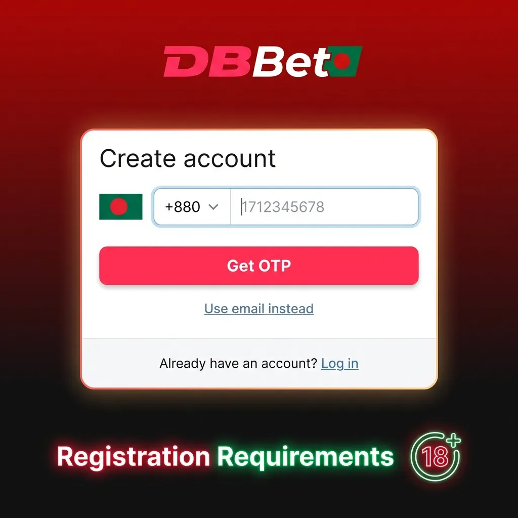 Checklist graphic showing DBBet registration rules: age 18+, real details, Bangladeshi phone/email, KYC ID, one account per user