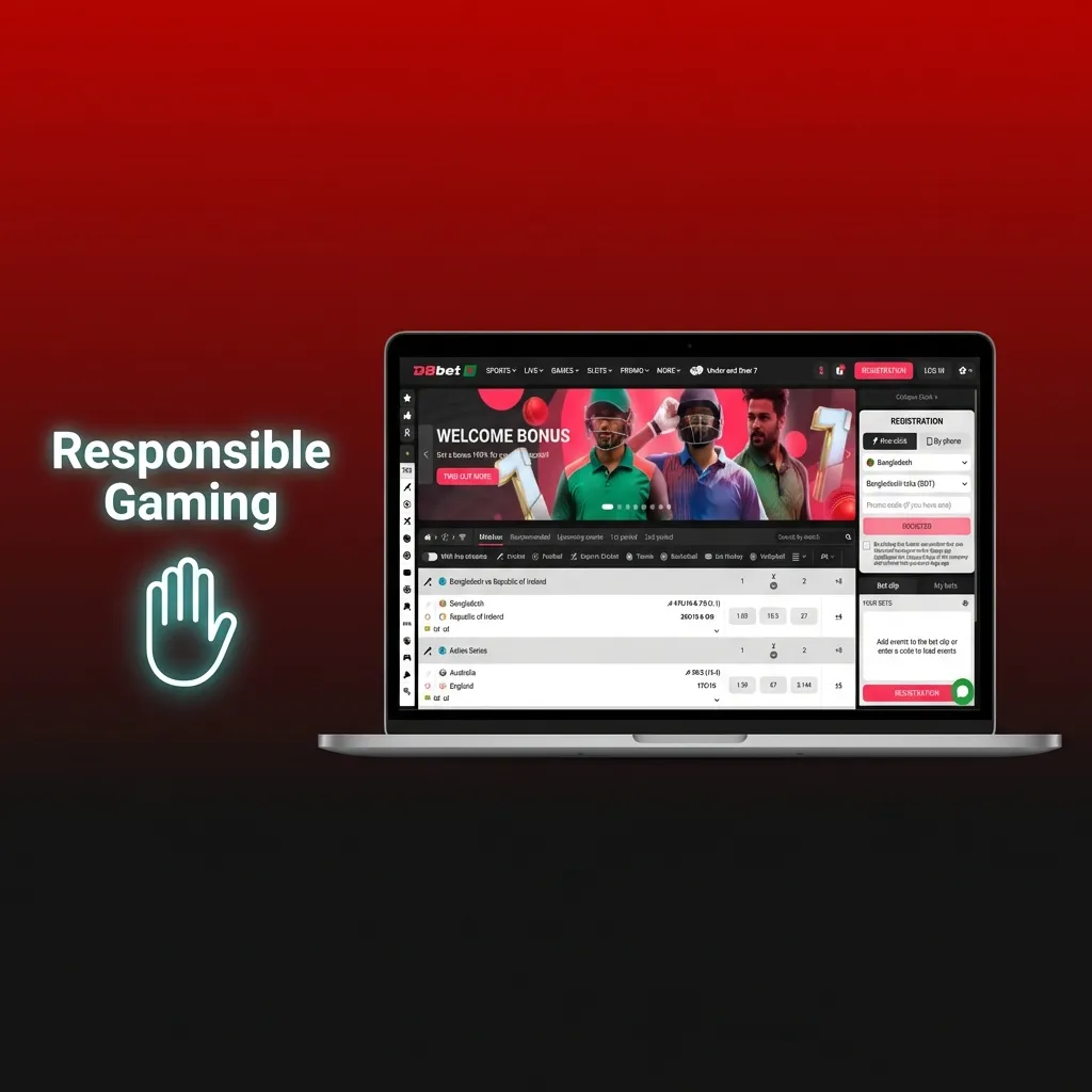 Illustration of a Bangladesh bettor using limit tools and breaks on DBBet, with icons for time, money, and emotional balance.