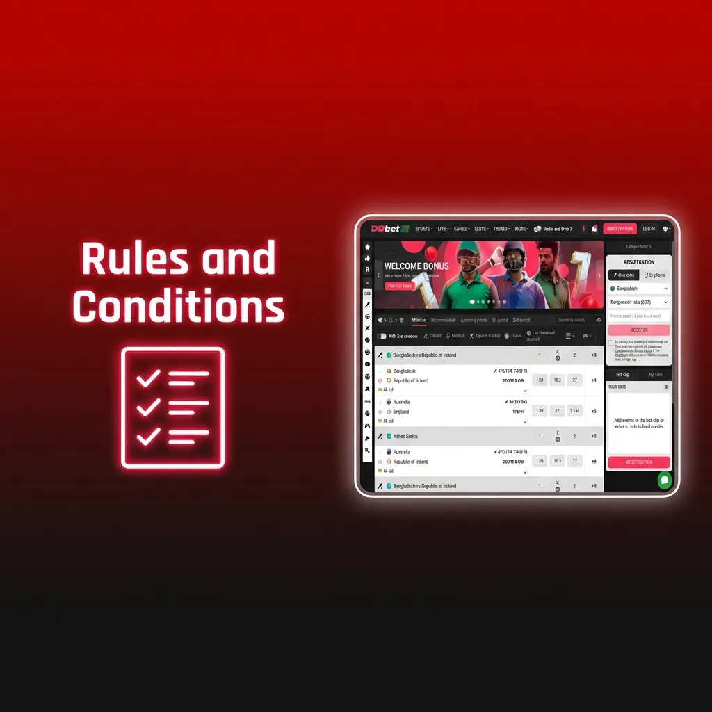 Infographic showing DBBet rules for Bangladesh users on age limit, one account, bonus wagering, verification, and fair play