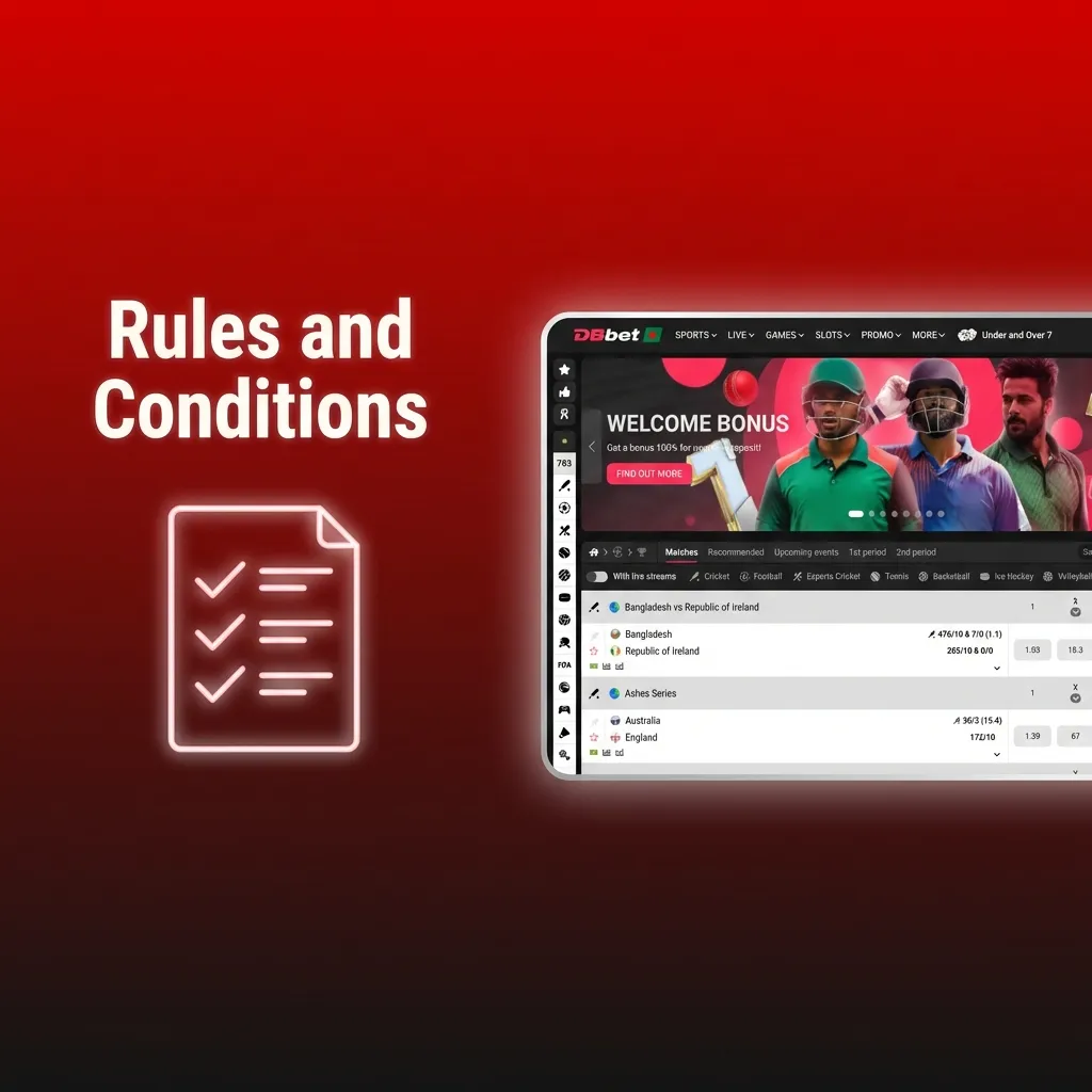 Rules and conditions screen for DBBet Bangladesh, listing age, account, bonus, identity, and fraud prevention requirements