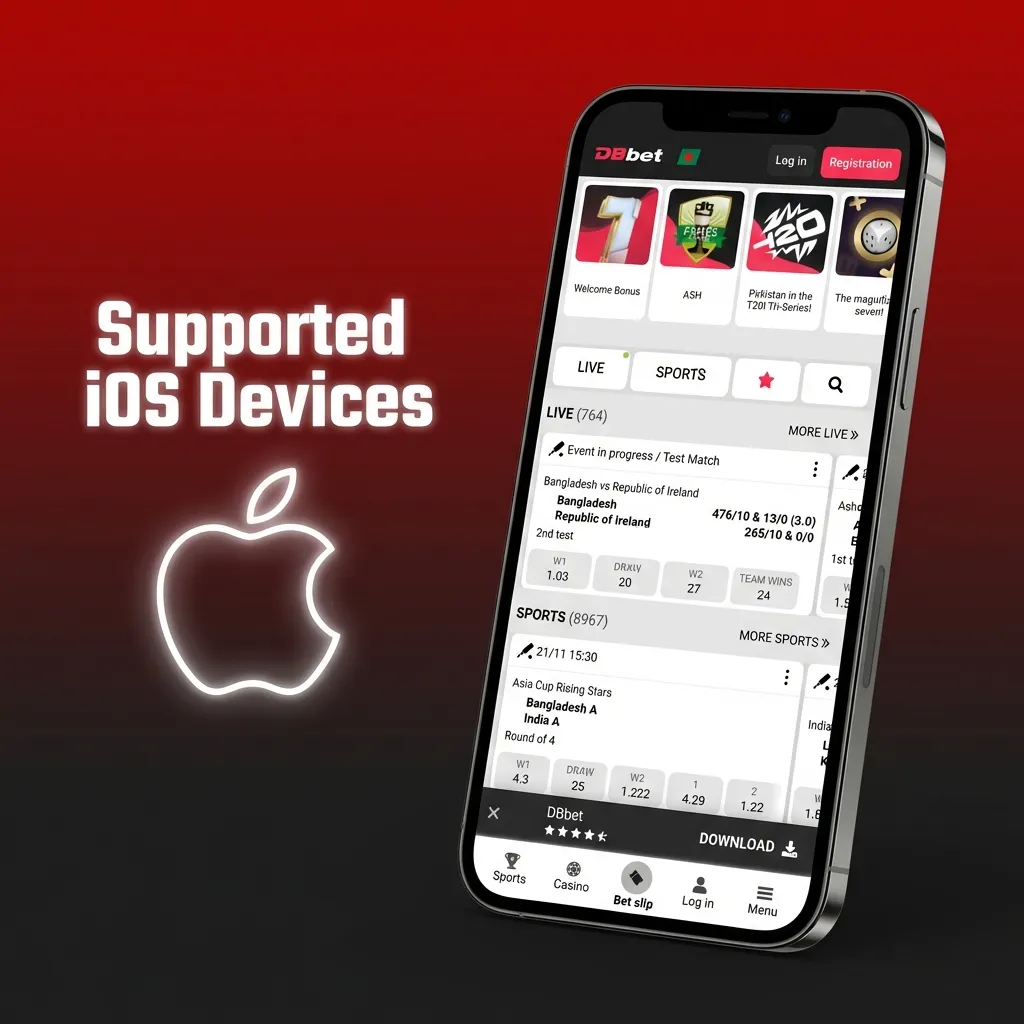 Graphic listing DBBet iOS app compatibility with recent iPhone, iPad, and iPod Touch models running iOS 12 or later