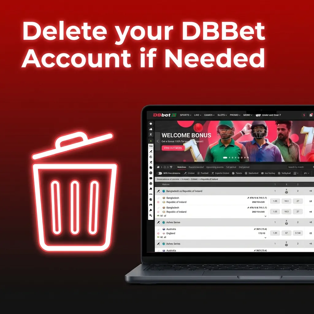 Screenshot of DBBet help page explaining steps to permanently delete or close a gambling account.