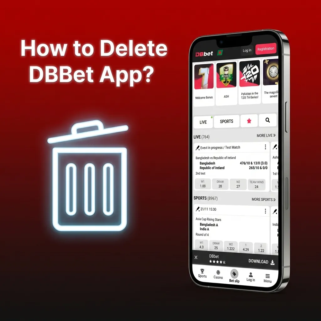 Phone screens showing steps to uninstall the DBBet app on Android settings and remove its icon on an iOS home screen.