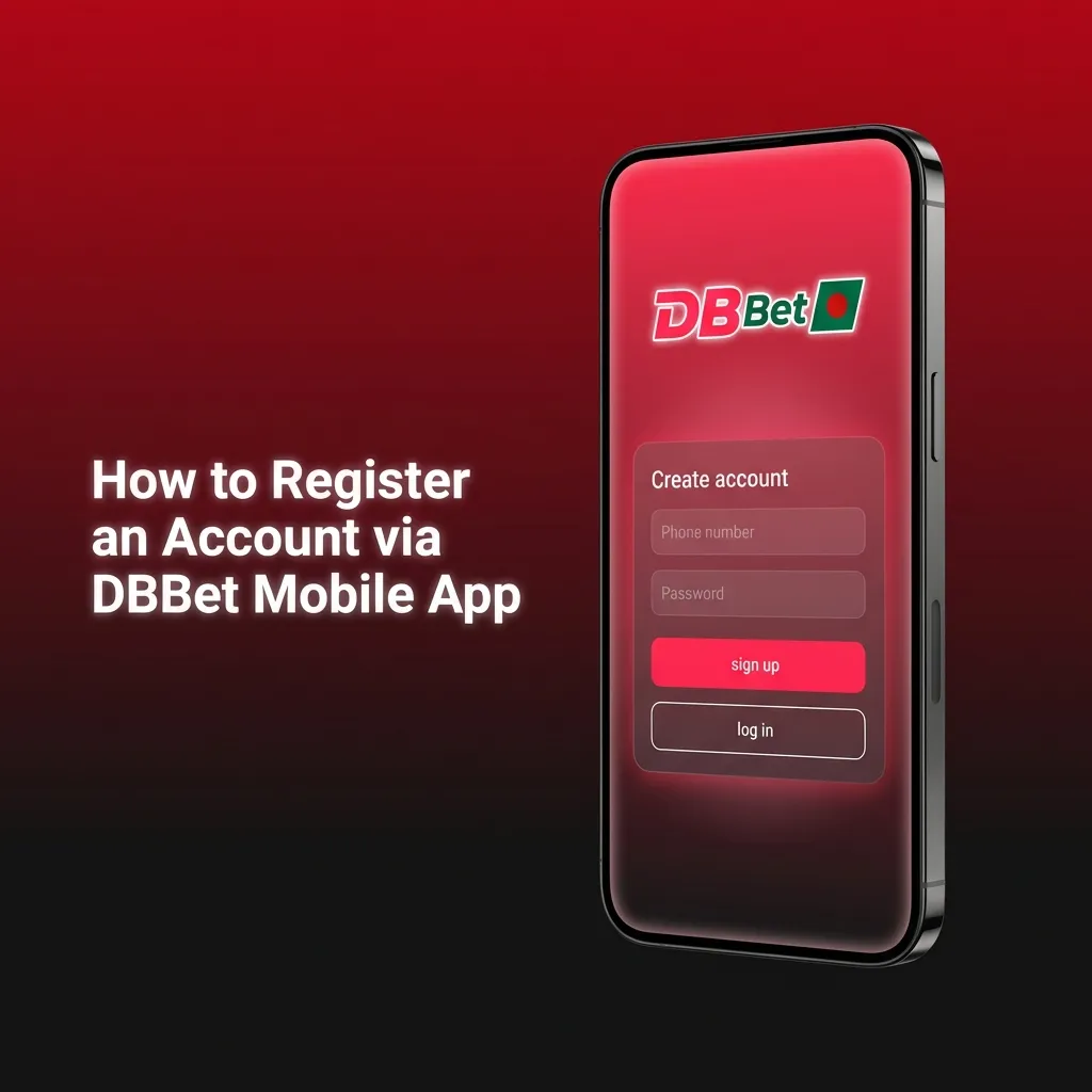 Illustrated steps on an iPhone showing how to register a new DBBet account via the mobile app