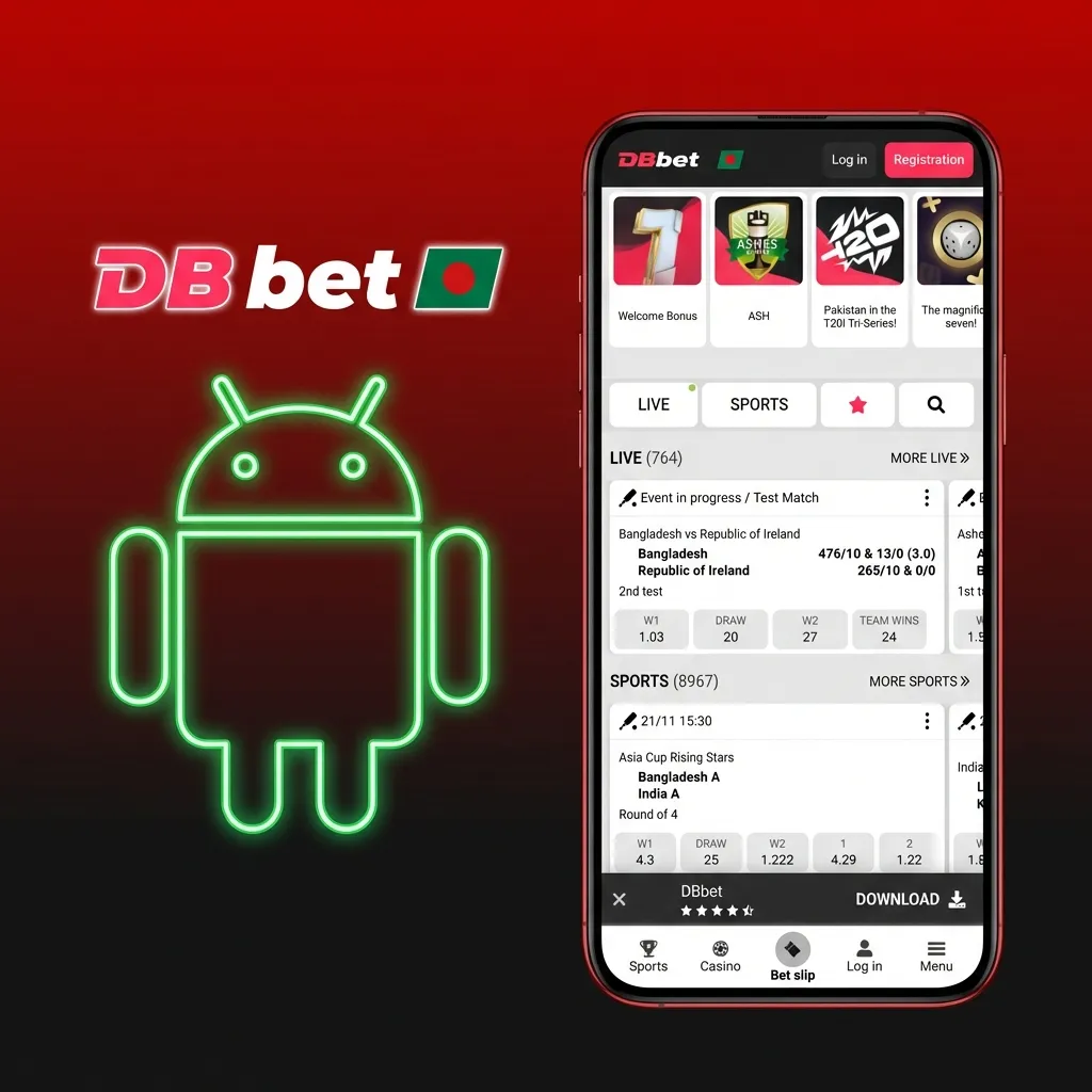 স্মার্টফোনে DBBet অ্যান্ড্রয়েড অ্যাপ ইনস্টল স্ক্রিন, স্পোর্টস বেটিং ও ক্যাসিনো গেম আইকনসহ প্রদর্শিত