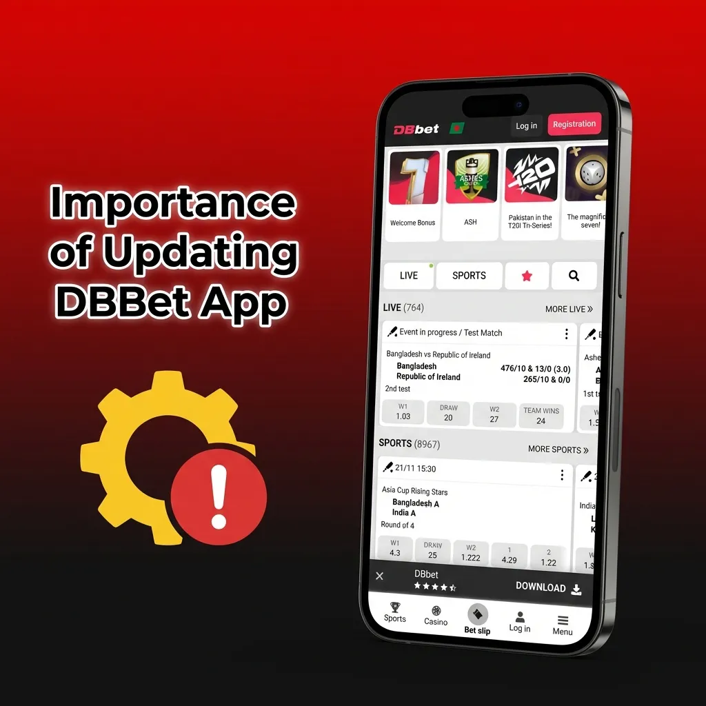 Smartphone screen showing DBBet app update progress, highlighting improved security, speed, and new betting features