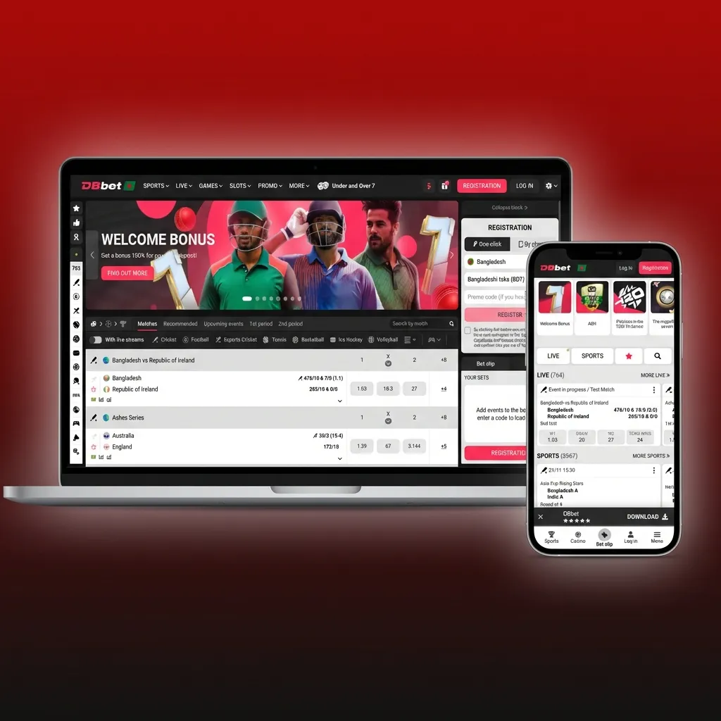 DBBet Bangladesh homepage with top navigation for sports, live betting, casino, eSports, promotions and fixed header controls