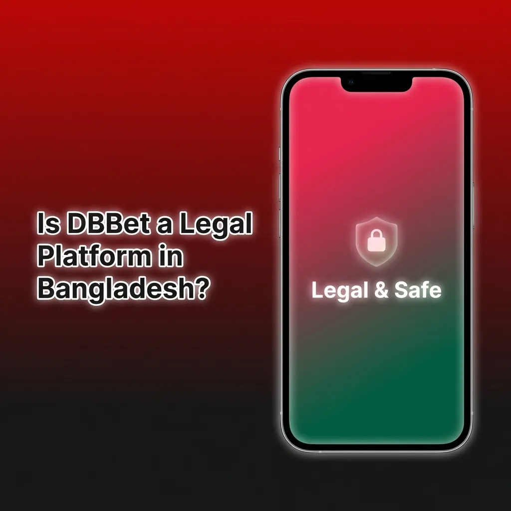 Graphic with text asking “Is DBBet legal in Bangladesh?” with legal scales, Curacao license badge, and responsible gaming icons