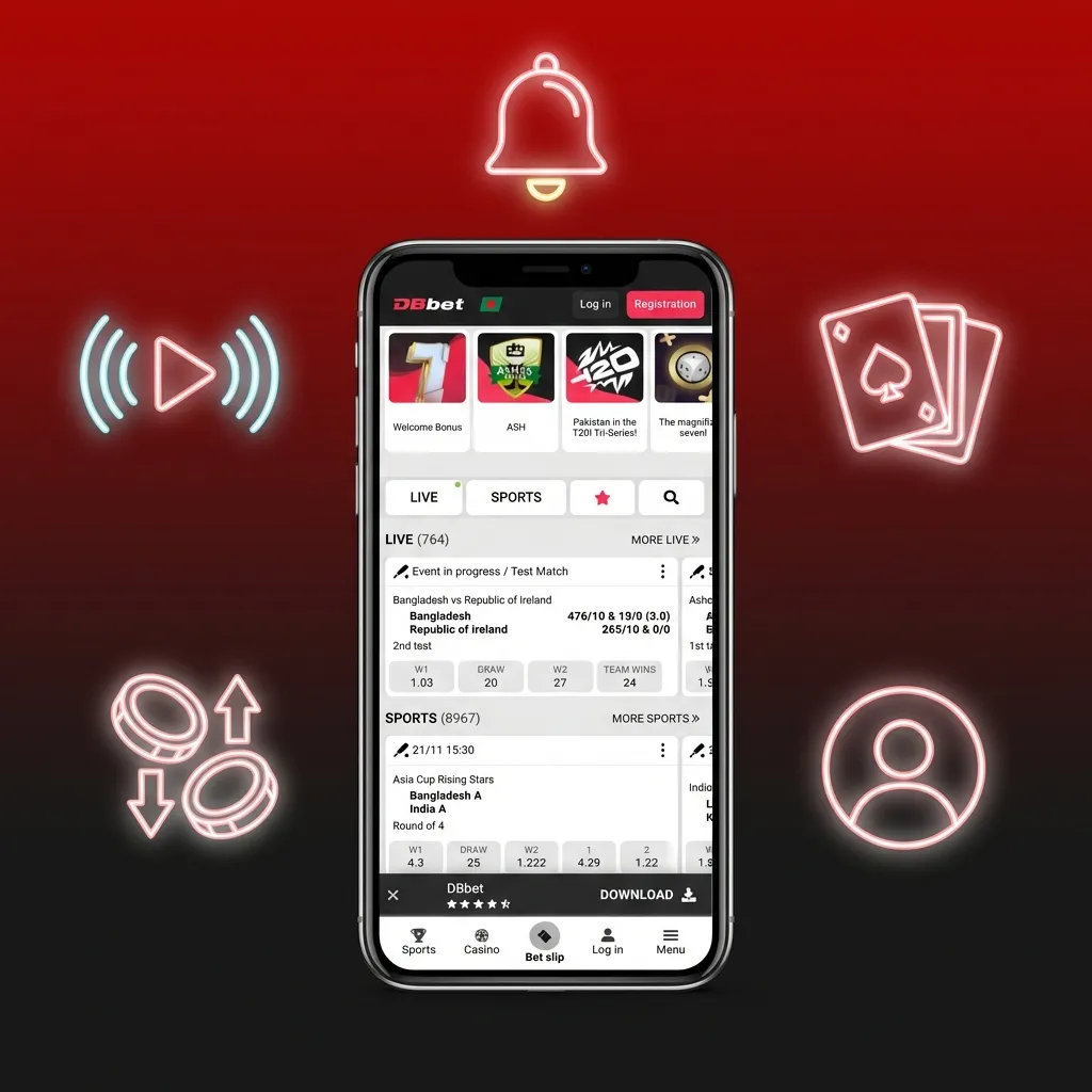 Illustration of DBBet iOS app showing BDT balance, local payments, sports bets, casino games, and 24/7 support on a phone screen