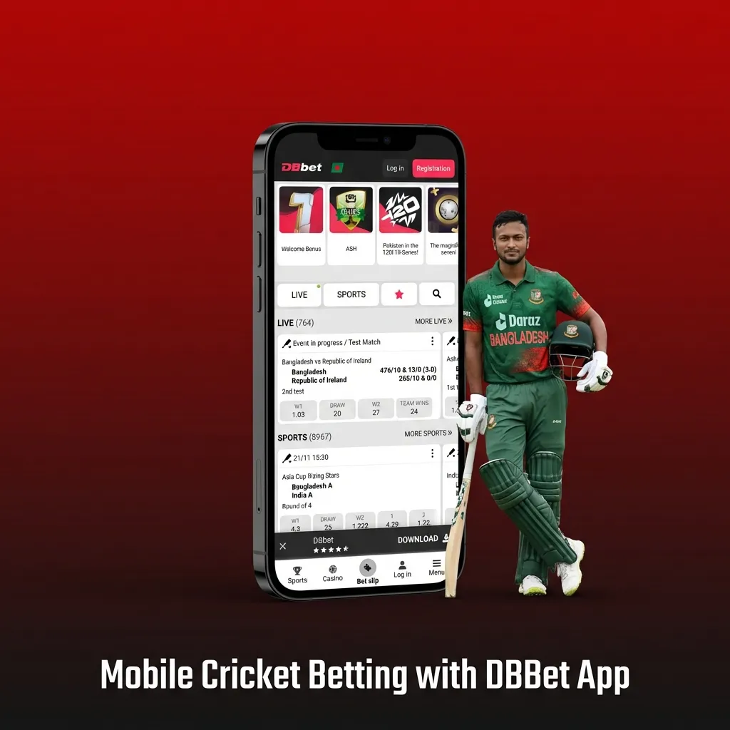 Person holding smartphone showing DBBet cricket betting app with live odds and match options on screen