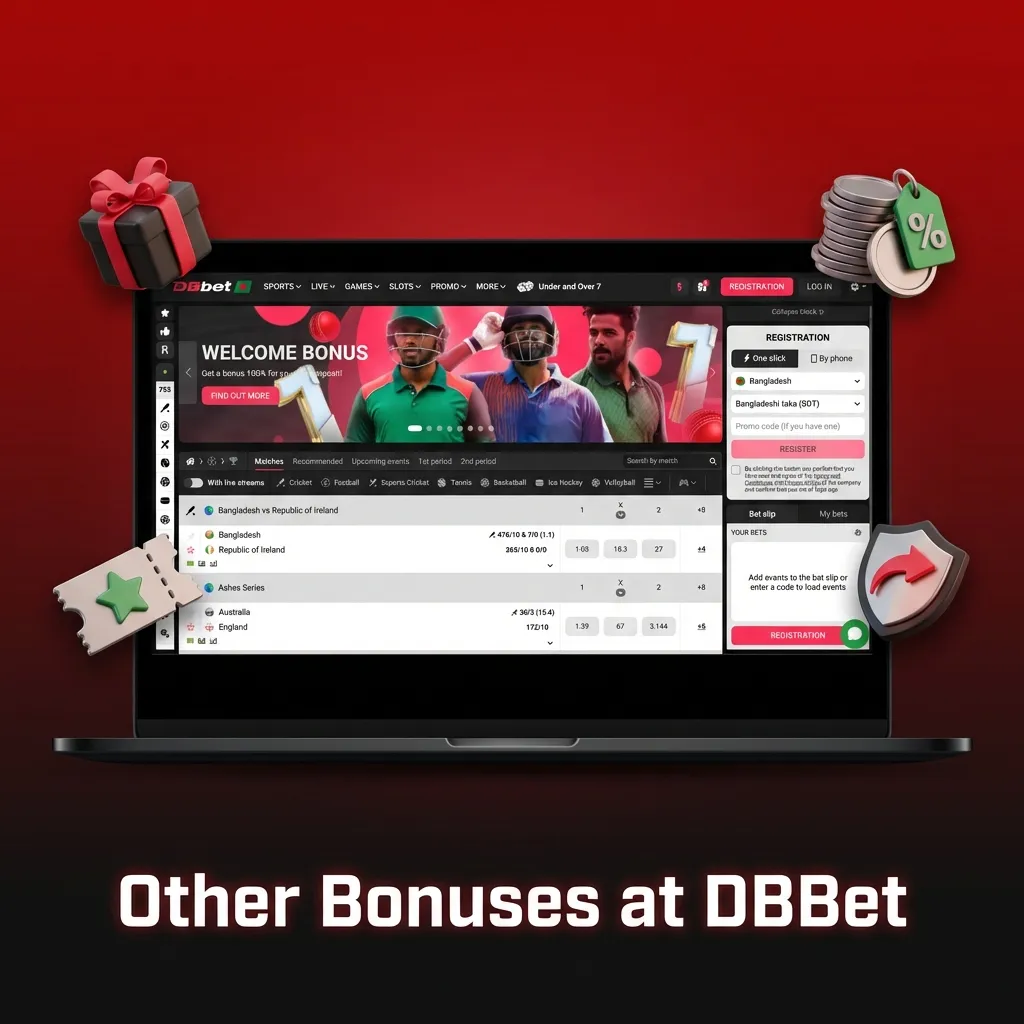 Infographic titled 'Other Bonuses at DBBet' listing reload, free spins, cashback, sports bets, and loyalty rewards