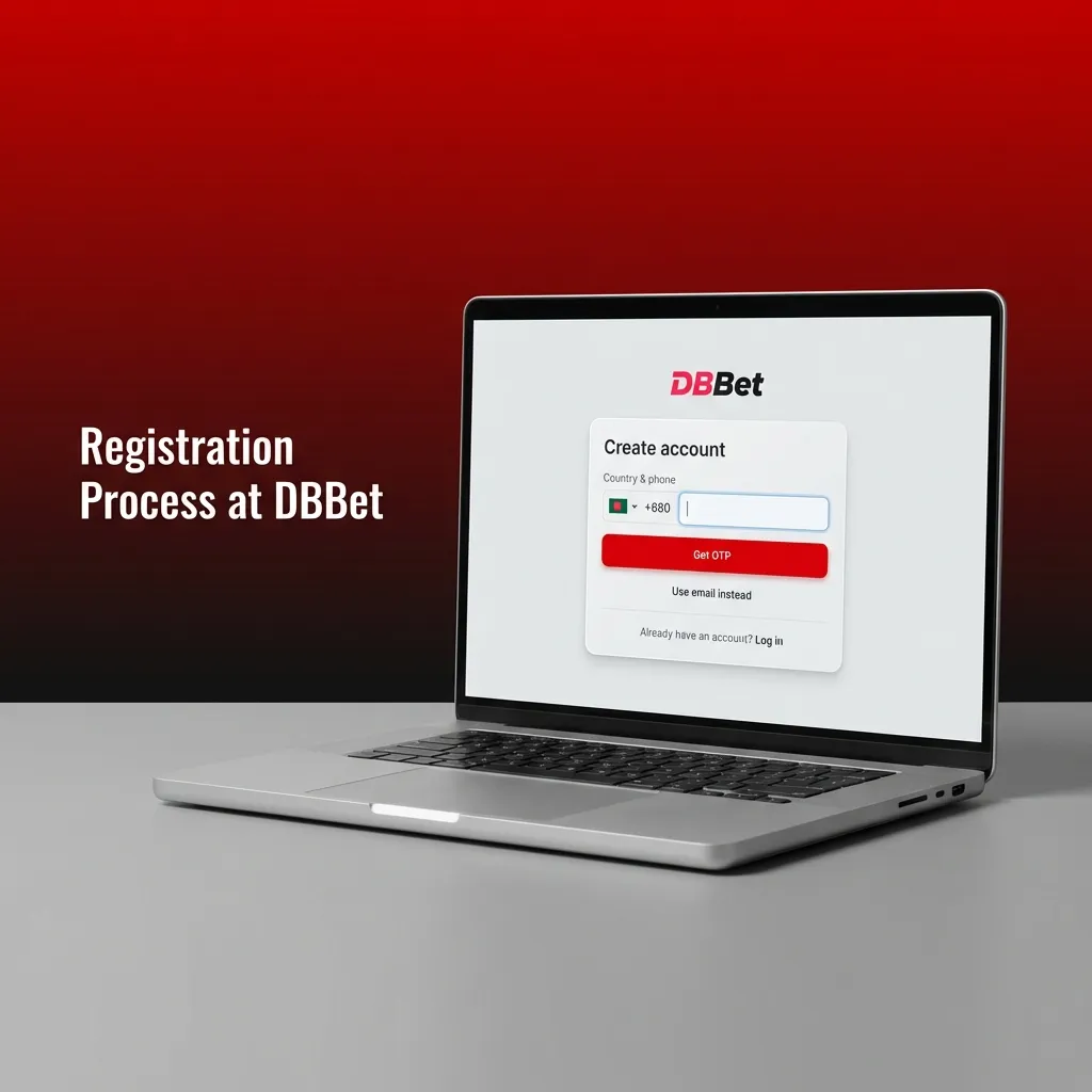 Illustration of DBBet sign-up steps on desktop and mobile, from clicking register to confirming details and starting to bet