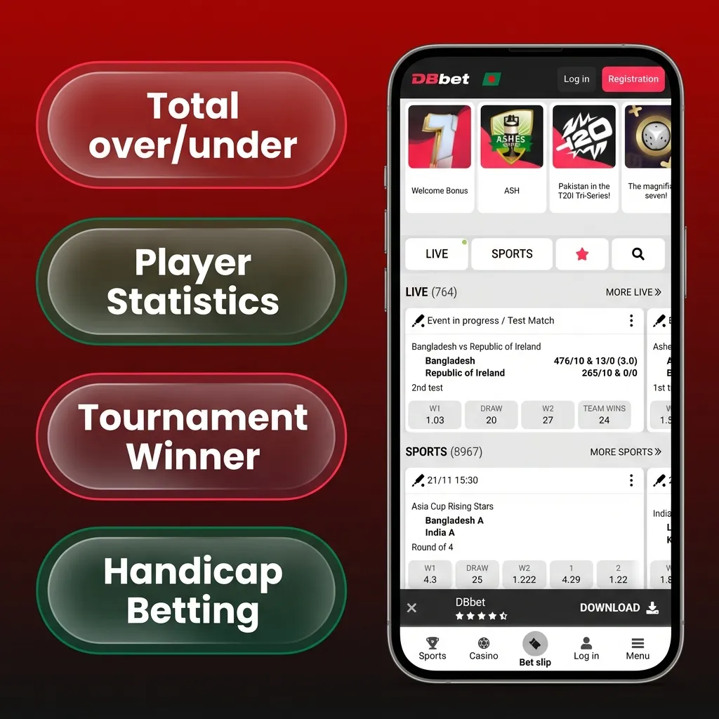 Phone screen showing DBBet iOS app with icons for single, accumulator, system, live, and handicap betting options