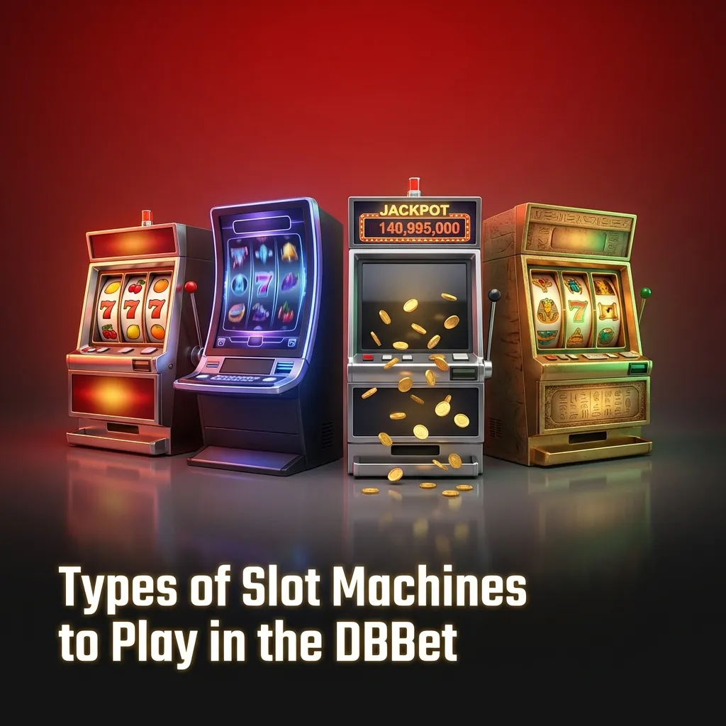 Illustrated DBBet lobby showing classic, video, Megaways, jackpot, cluster, crash and bonus buy slot machine types