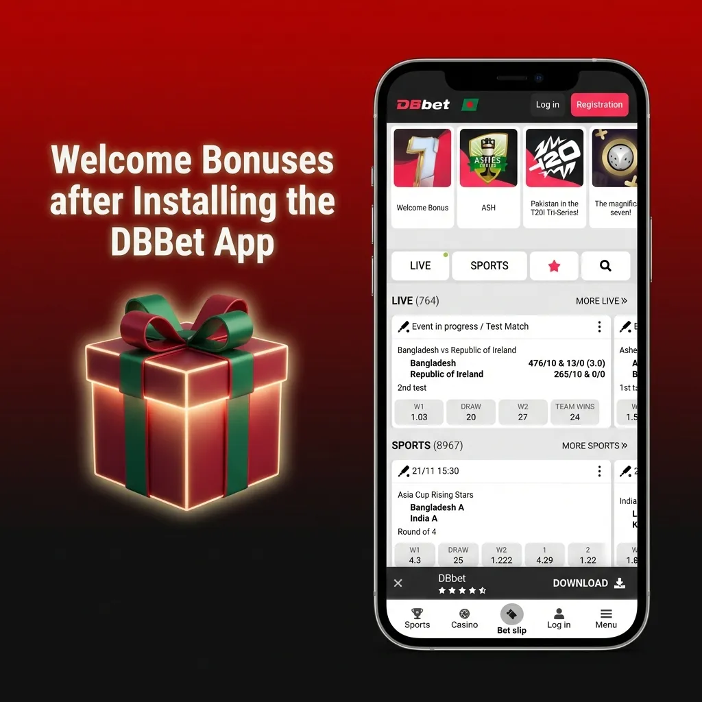 DBBet app welcome screen showing 100% bonus up to 180,000 BDT, 150 free spins, and ongoing sports and casino offers.